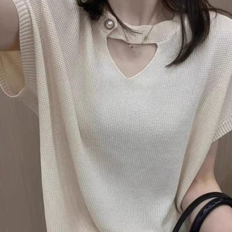 About Hollow Out Design Knitted Base Shirt Comfortable Summer Ice Silk Short Sleeved Top