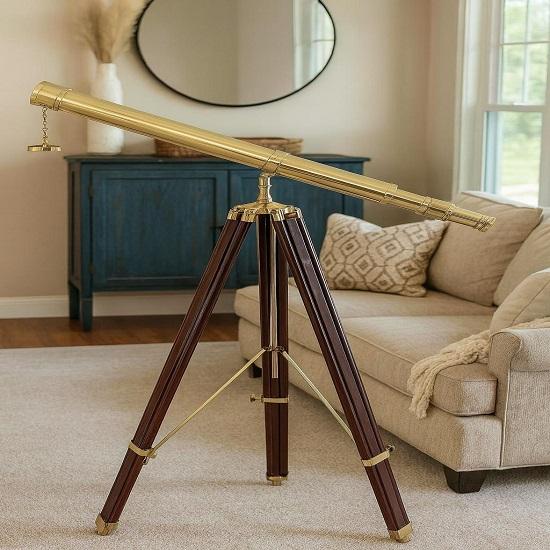 Brass Telescope On Wooden Tripod Unique Nautical Gift 99.06 Cm  Floor Decor for Him or Her