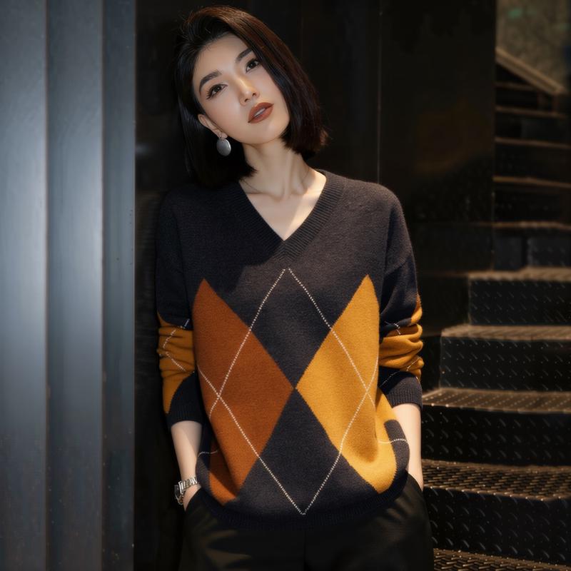 ZOSOUL Women's Argyle Wool V-Neck Pullover Sweater