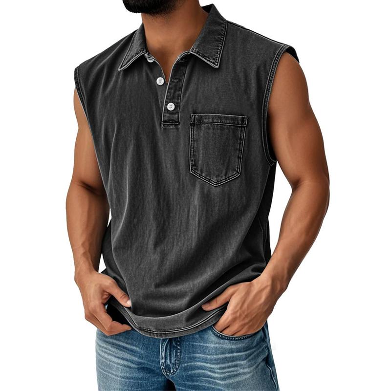 Men's Vintage Wash Sleeveless Polo Shirt Casual Denim Look Tank Top Button Down Vest Summer Beach Streetwear