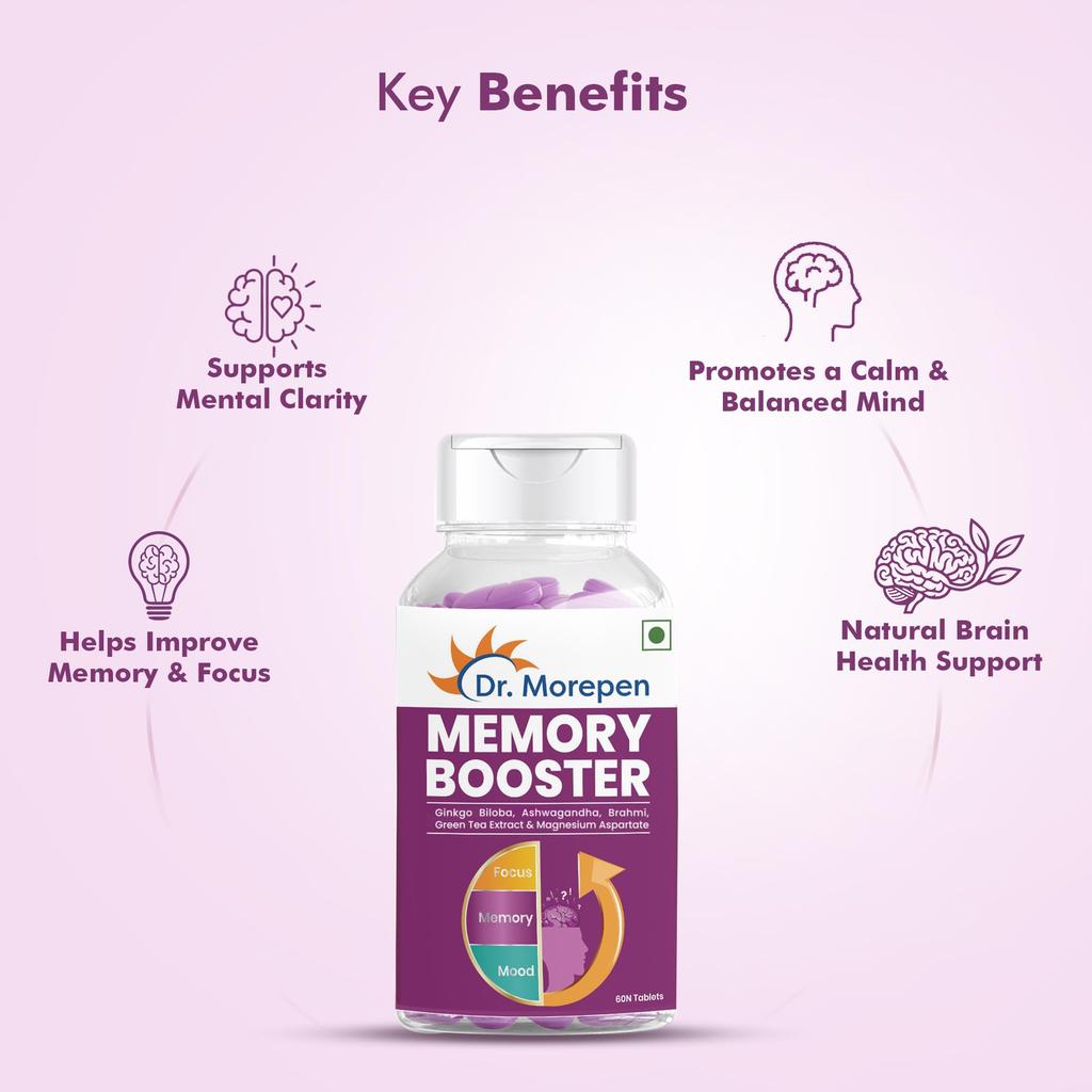 DR. MOREPEN Memory, Focus & Mood Tablets with GABA, Ashwagandha & Chamomile for Brain Health - 60 Veg Tablets Pack of 2