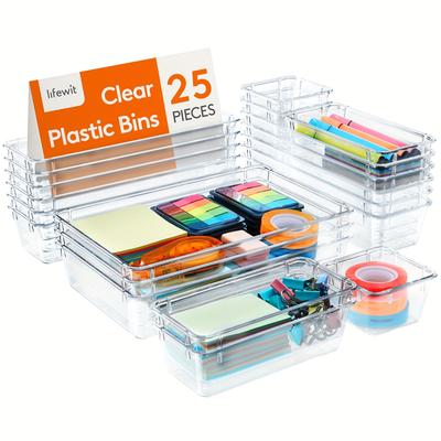 [Clear Plastic | Organizer] 25pcs Clear Plastic Drawer Organizer 4 Sizes Vanity Drawer Dividers Storage Separation Bins for Make Up Kitchen Utensils