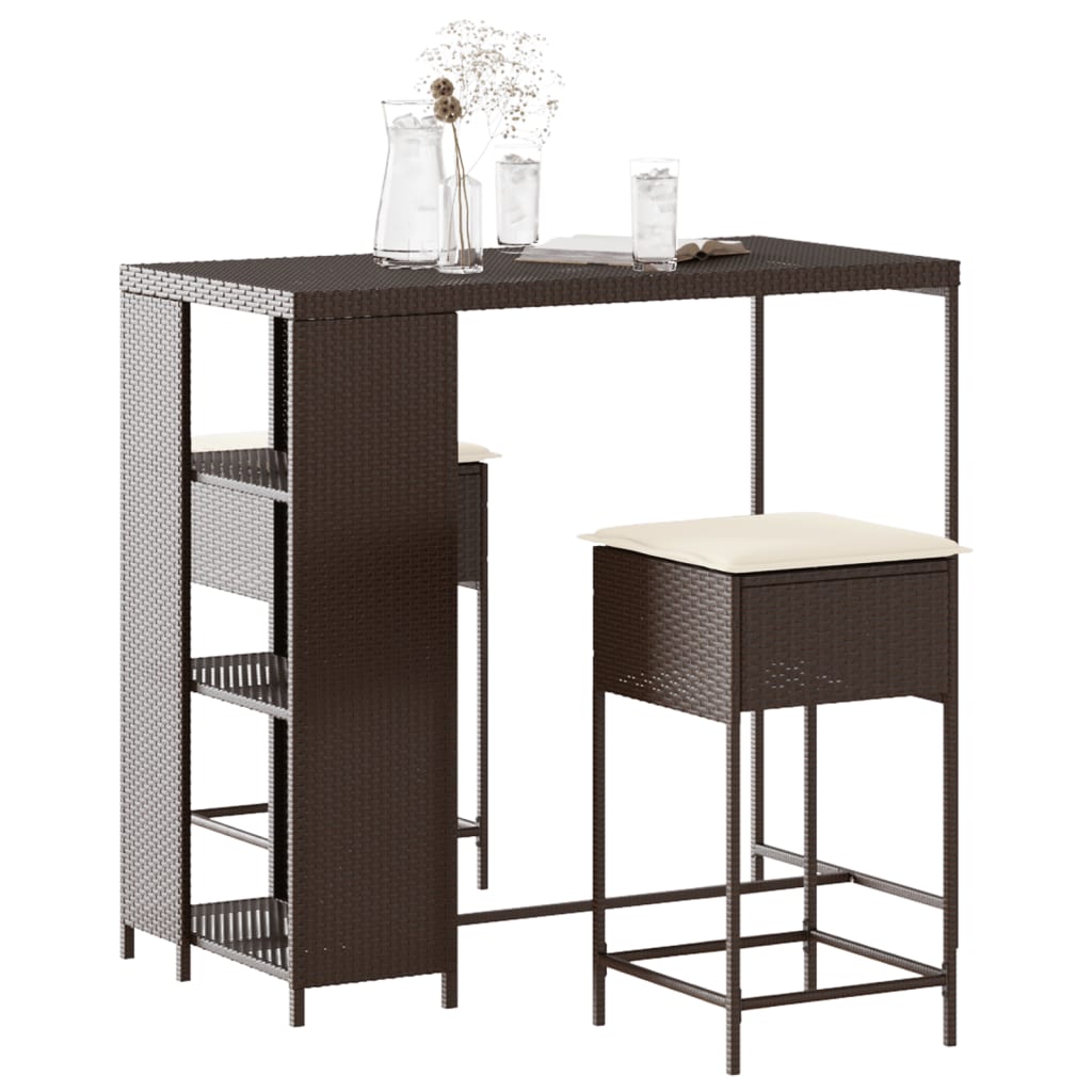 3 Piece Garden Bar Set with Cushions Brown Poly Rattan