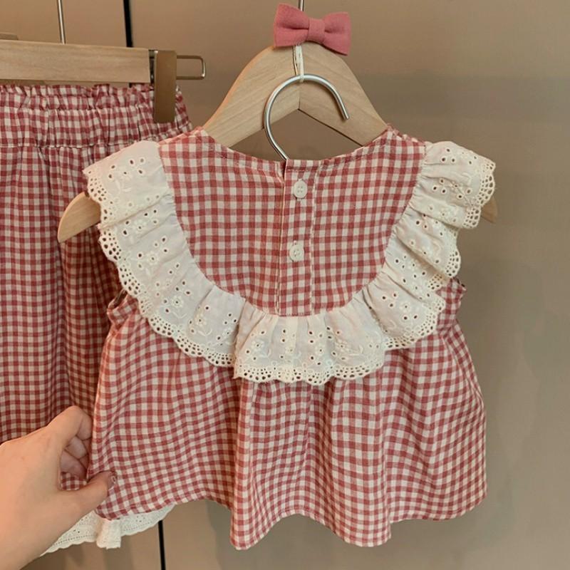 Cute Pink Summer Set For Girls Featuring Stylish Plaid Dress And Lace Trim Top For Ages Eight And Up