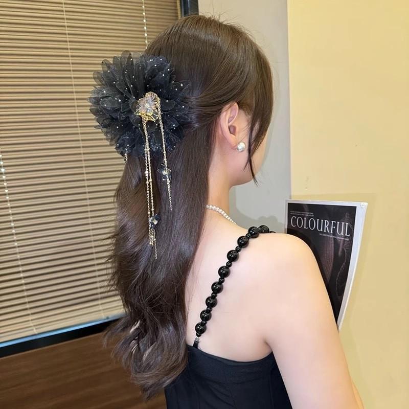 Large Summer Lace Edge Bow Claw Clip Hair Accessory for Women - Multi-Layer Feather Design