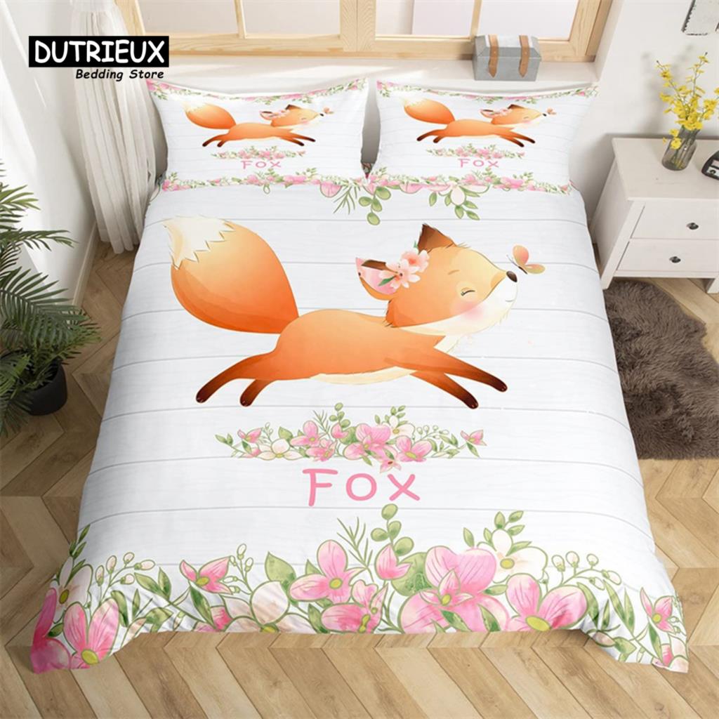 Niedliches Milchkuh Bettwäsche-Set King Cartoon Tier Bettbezug Botanisch Floral Steppdeckenbezug Mikrofaser Bauernhaus Tagesdecke Bezug