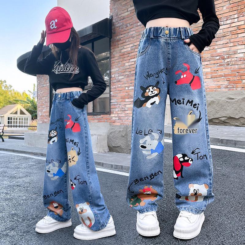 Girls' Cartoon Jeans - Spring/Autumn, Korean Style Loose Fit, Wide-Leg Trousers for Kids