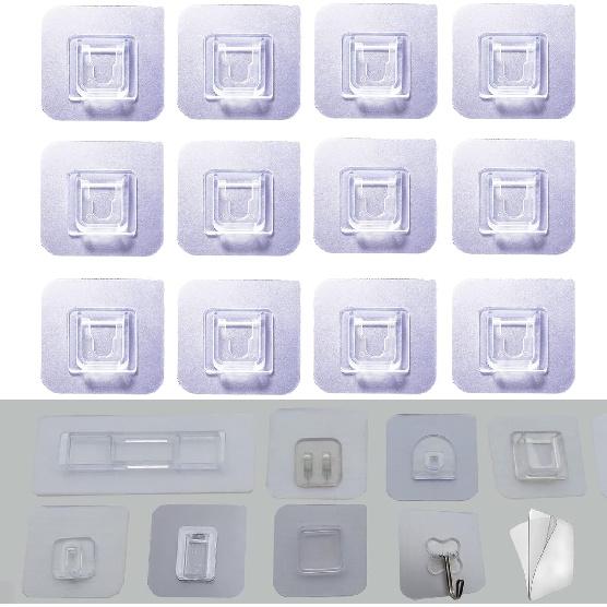 12 PCS Wall Mounted Replacement Sticky pads for Kitchen Bathroom Shower Caddy Organizer Rack Holder Nail Free Adhesive Hooks (Square)