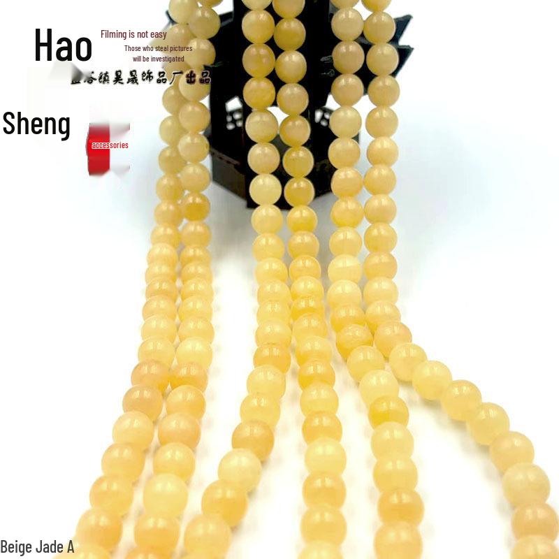 Natural A-Grade Beige Jade & Honey Chalcedony Bead Bracelet with Yellow Porcelain Accents and Tassel