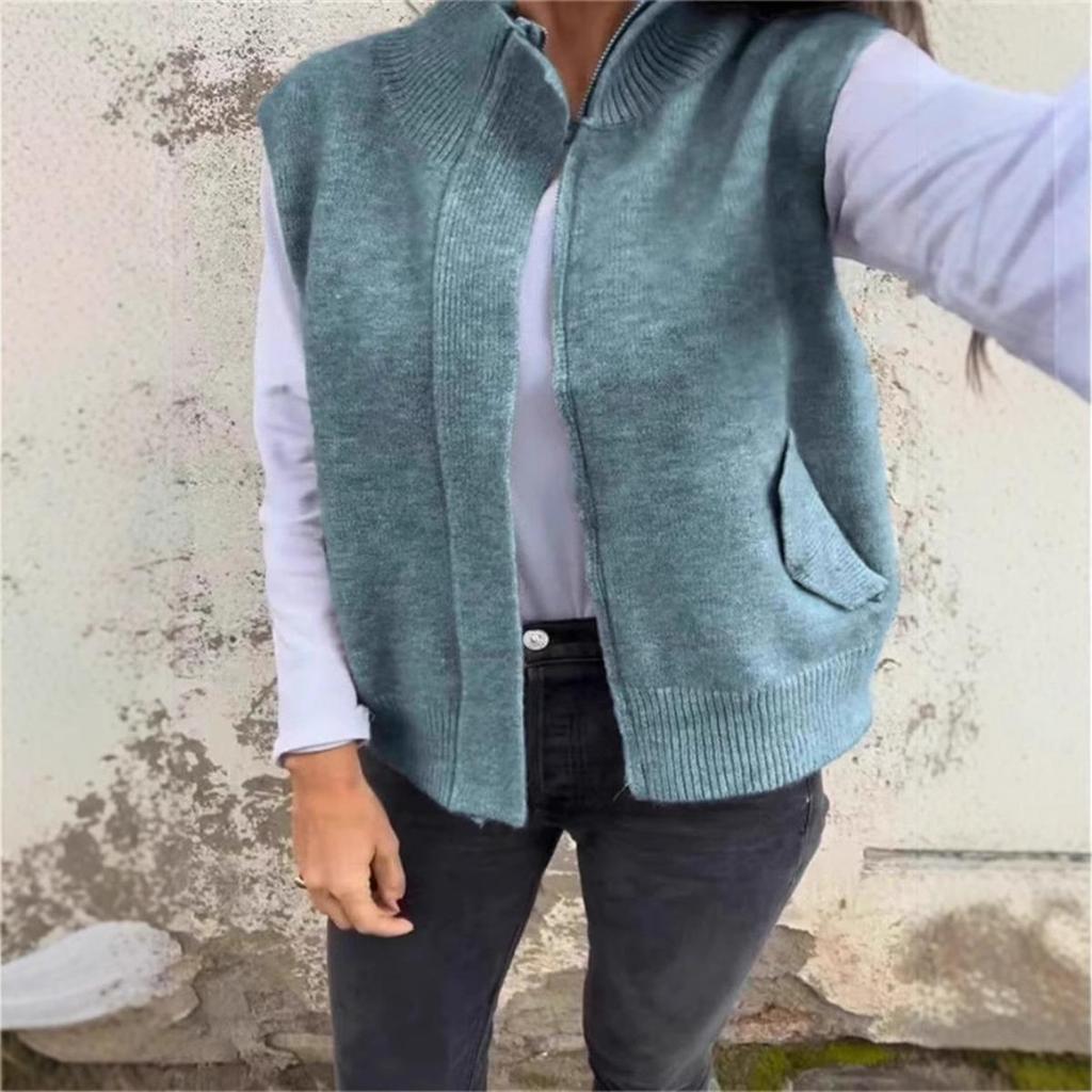 Winter Women's Stand Collar Zip Knitted Vest Loose Casual Open Front Sweater Gilet for Autumn Winter