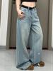 2026 Spring Rhinestone-Embellished Wide-Leg Ripped Light Blue Jeans