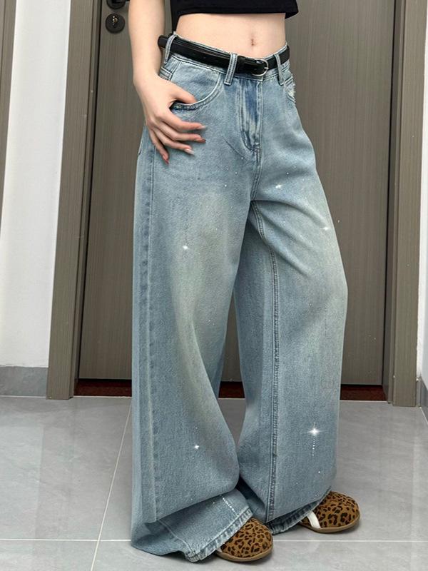 2026 Spring Rhinestone-Embellished Wide-Leg Ripped Light Blue Jeans