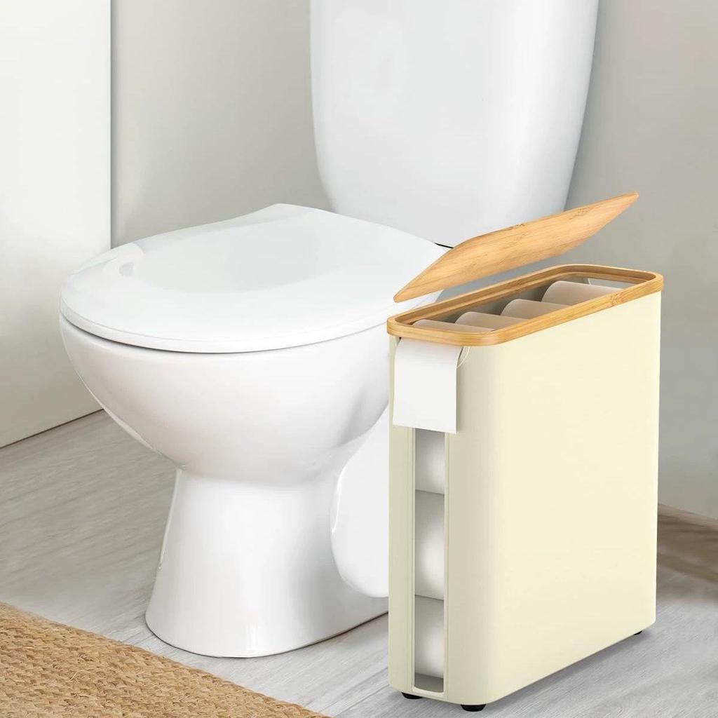 Transparent Bathroom Storage Box with Lid, Bamboo Foldable Napkin and Paper Roll Organizer