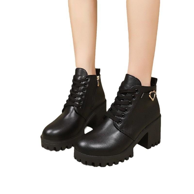 Martin Boots Damen Herbst Neu Hochhackige Einzelstiefel Gürtelschnalle Damenschuhe Dicke Absätze Kurze Stiefel Runde Spitze Schnürstiefel Nacktstiefel