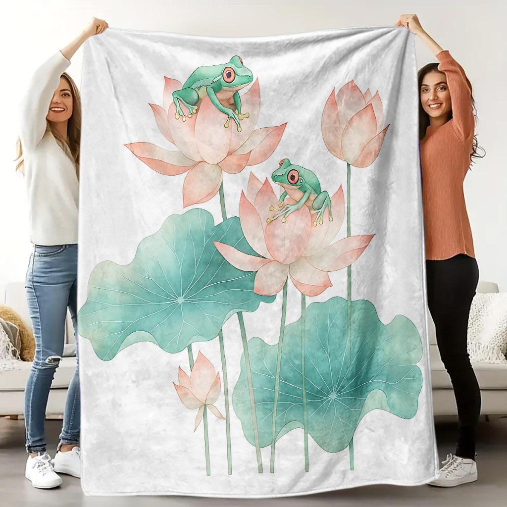 1pc Frog & for Lotus Flannel Blanket - Quilted Bedspread Suitable for All-Season Soft Bedspread, Cute Frog & for Lotus Flower