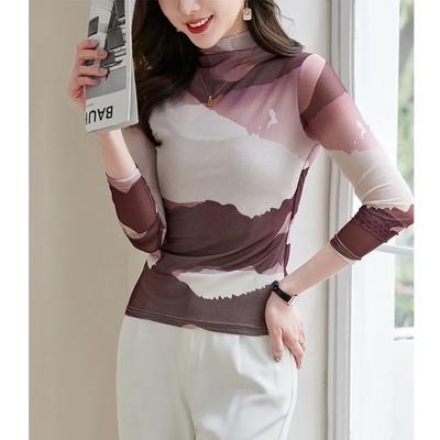 Bedrucktes Mesh Unterzieh-Langarm-Frühlings- und Herbst-T-Shirt Slim-fit Sonnenschutz Schlankmachendes Oberteil für Damen