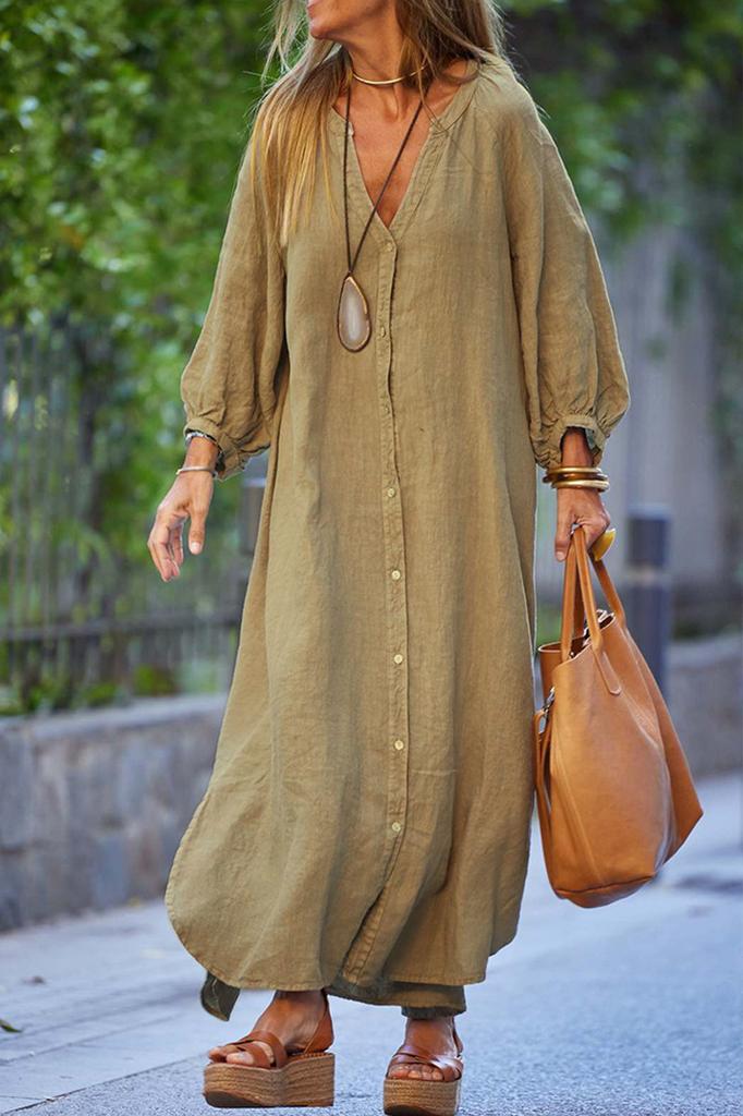 Summer Dress Women's Cotton and Linen Long Dress V-neck Shirt Casual Commuter Style Vacation Style