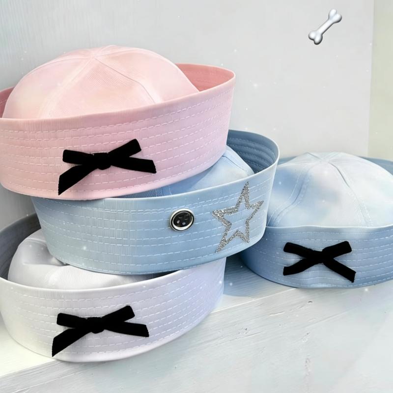 Bowknot Beret Cap Y2K Pink White Navy Hat Dome Cap Flip Eaves Sailor Hat Nurse Cosplay Hat Y2K Sweet Uniform Hats Nurse Cosplay