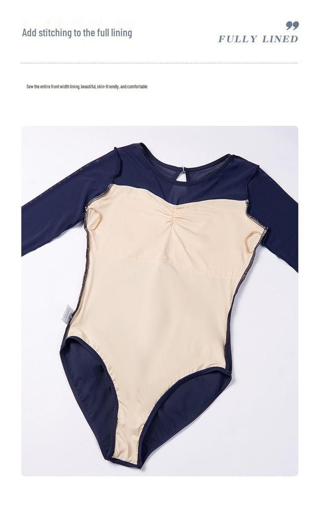 Adult Ballet Dance Exam Costume with Mesh Splicing, Yoga Long Sleeve, High Hip Design.