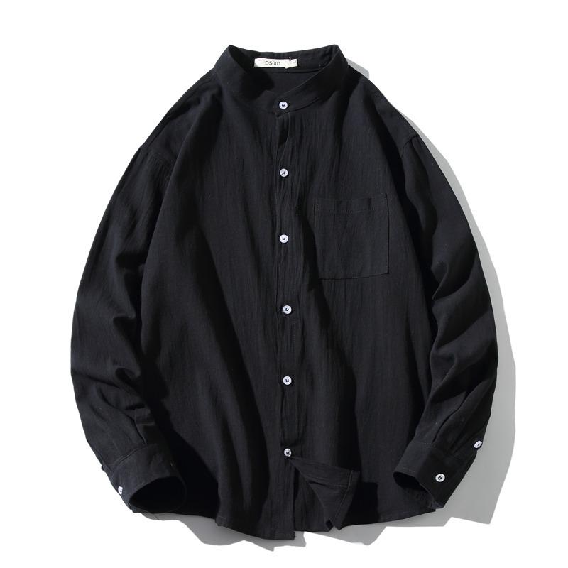 

Мужская рубашка облегающего кроя из льна и хлопка в японском стиле в стиле ретро, с длинным рукавом, воротником-стойкой, повседневным универсальным дизайном. M чёрный