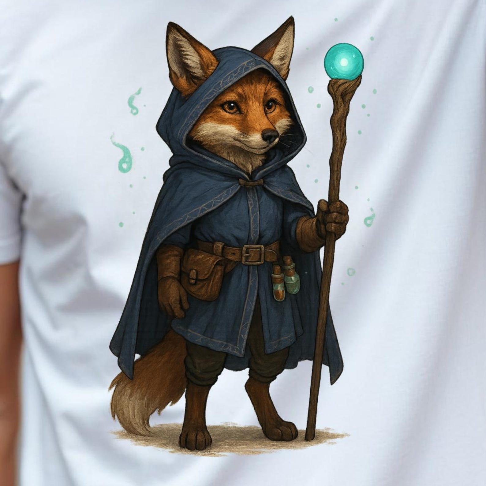 Fox Wizard Adventurer T-Shirt | Cloaked Fox with Glowing Staff 3XL