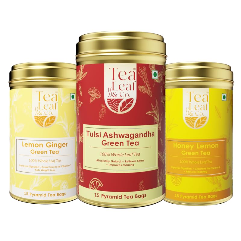 Tea Leaf & Co. Tulsi Ashwagandha Honey Lemon Lemon Ginger Pyramid Green Tea | Natural Detox for Immunity, Digestion & Fat Loss | Antioxidant