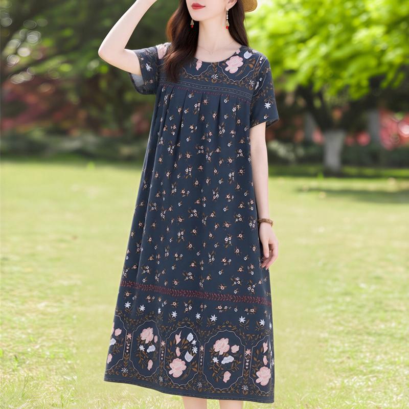 Μεγάλο μέγεθος Φαρδύ Vintage Print Μακρύ Φόρεμα για Γυναικεία Casual κοντομάνικα καλοκαιρινά γυναικεία φορέματα