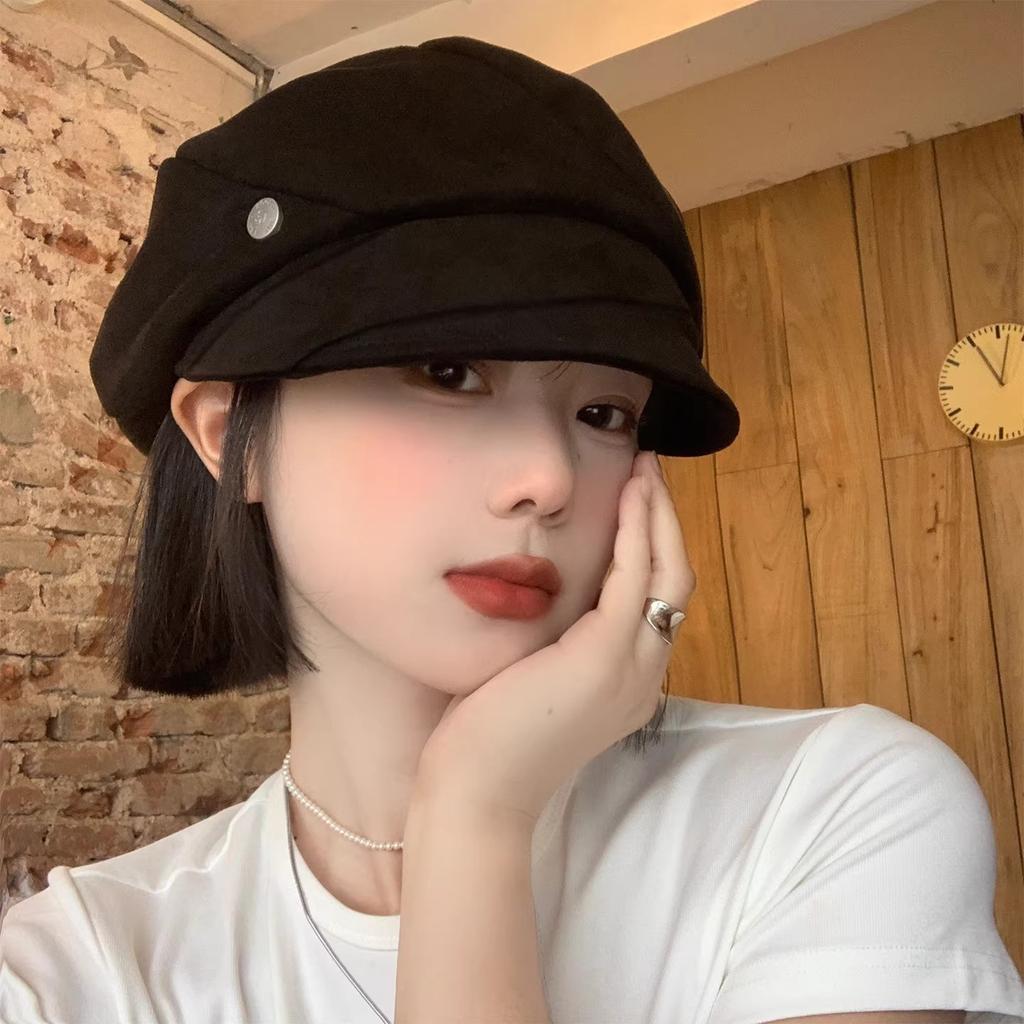 Vintage Pleated Black Beret Female Autumn and Winter Face Small Octagonal Hat Big Head Circumference Newsboy Painter Hat