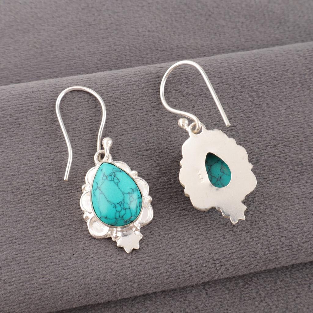 Blue Turquoise Gemstone 925 Stamped Silver Jewelry Handmade Girls Earrings 1.6" EE-163-23