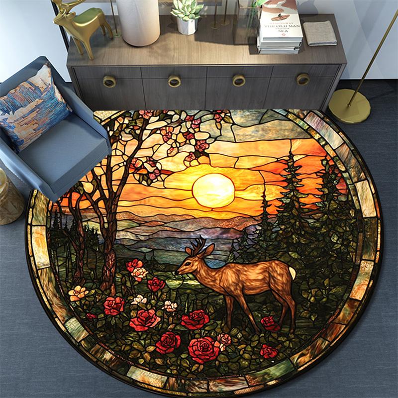 Deer Sunset Round Area Rug,Carpet Rug for Living Room Bedroom Sofa Playroom Decor,Non-slip Floor Mat