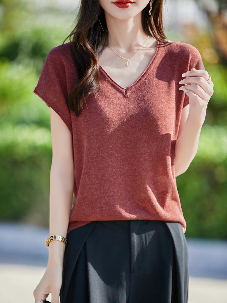 Women's V-Neck Lyocell Linen Knit T-Shirt - Spring/Summer 2026