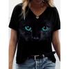 3D Printed Women's T-Shirt Black Cat Short Sleeve Daily Weekend Basic V Neck Regular Suitable for Cat Painting