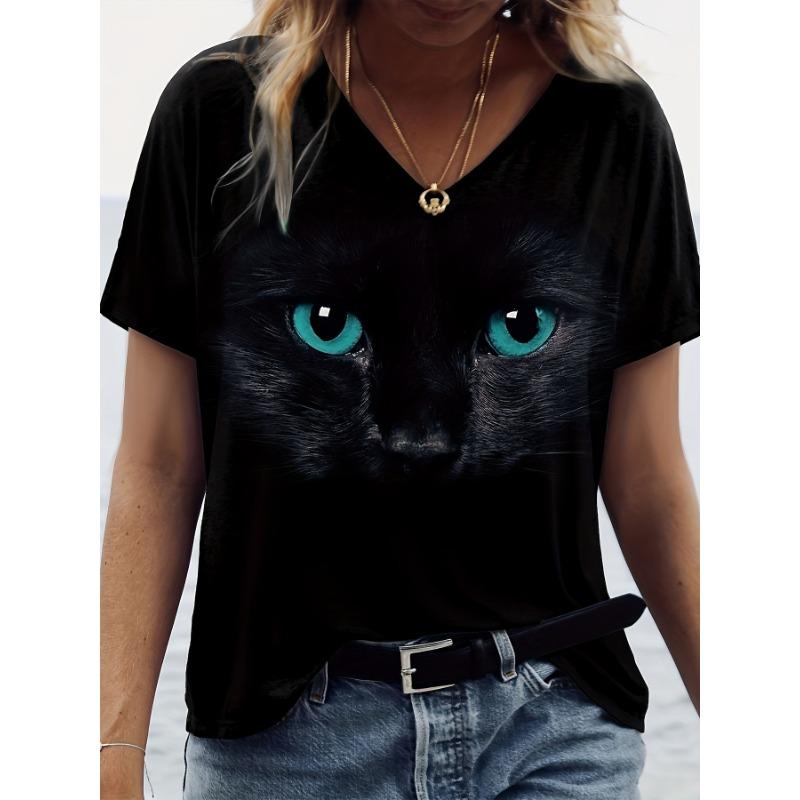 3D Printed Women's T-Shirt Black Cat Short Sleeve Daily Weekend Basic V Neck Regular Suitable for Cat Painting