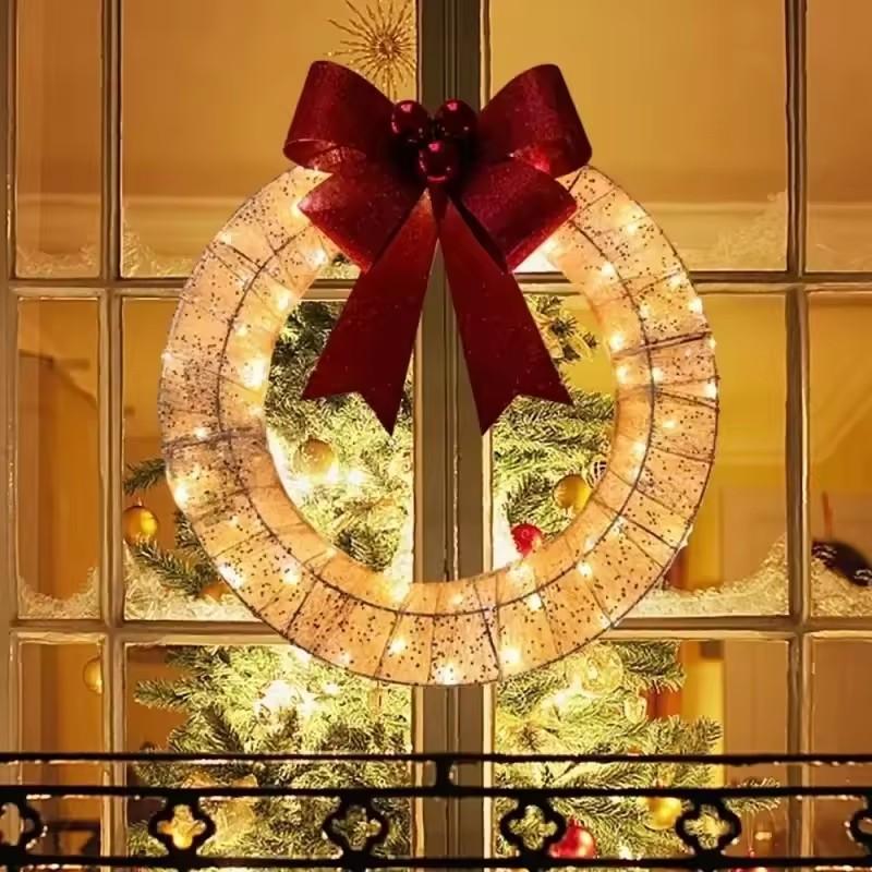 Christmas Wreath Metal Wreath LED Warm Light Christmas Decoration Removable Design Big Bow Christmas Decoration Door Hanging
