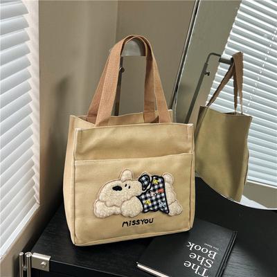 Trendy Canvas Shoulder Bag for Women Large Capacity Cute Bear Print Lunch Tote Handle Bag Comfortable and Texture Storage Bags