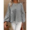 Loose Fit Plaid Lantern Sleeve Round Neck Blouse For Women