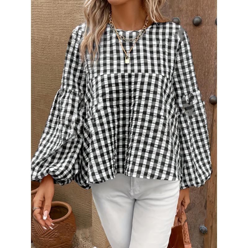 Loose Fit Plaid Lantern Sleeve Round Neck Blouse For Women