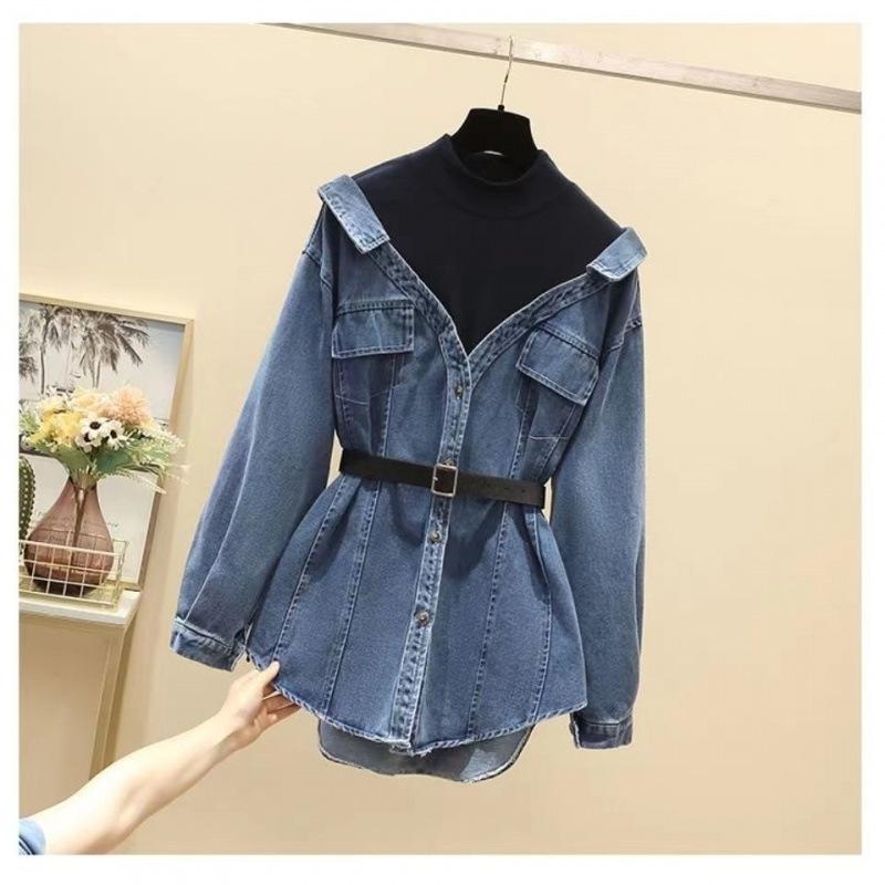 Women's Denim Jacket Spring Autumn Fake Two Pieces Appear Thin Ladies Temperament Long Sleeve Female Cowboy Coat
