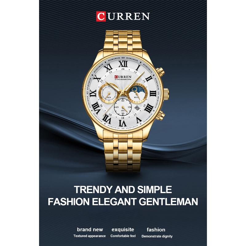 CURREN Noul ceas pentru bărbați de top Business Ceas cu curea din oțel, calendar de cuarț, cronograf cu șase ace, instrucțiuni