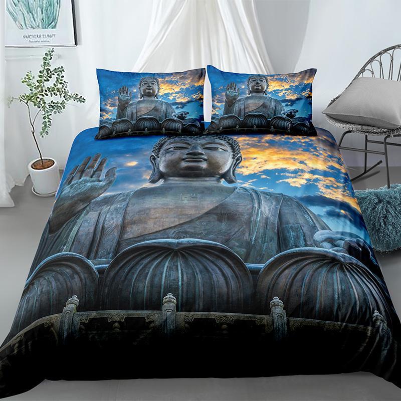King Size Buddha Duvet Cover Set Exotic Ethnic Bohemian Bedding Golden Buddha Print Microfiber Quilt Cover