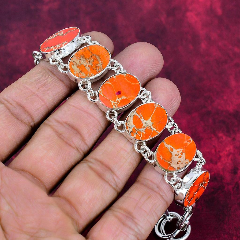 Orange Sea Sediment 925 Solid Sterling Silver Bracelet with Adjustable Chain, Handmade Gemstone Jewelry Bracelet For Memorial Day