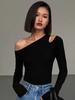 VAYLA Fashion Skew Collar Off-shoulder Long-sleeved T-shirts Women New Solid Slim Fit Crop Top Sexy Hollow Out Tees Shirts