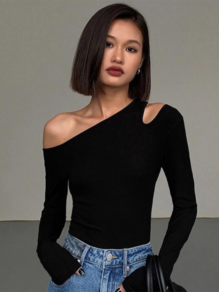 VAYLA Fashion Skew Collar Off-shoulder Long-sleeved T-shirts Women New Solid Slim Fit Crop Top Sexy Hollow Out Tees Shirts