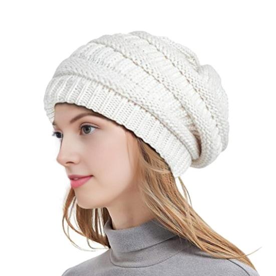 Yousheng Women Knitting Hat Solid Color Ear Protection Thickened Warm Satin Lining Pile Hat Winter Outdoor Riding Headgear