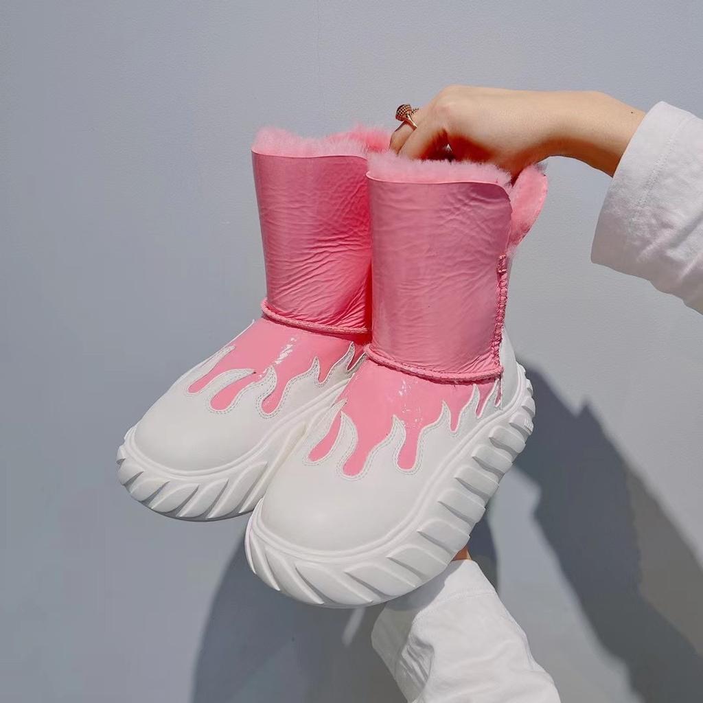 Inverno nova lã de pele carneiro botas de neve integradas contraste feminino matsuke fundo grosso botas quentes de pelúcia