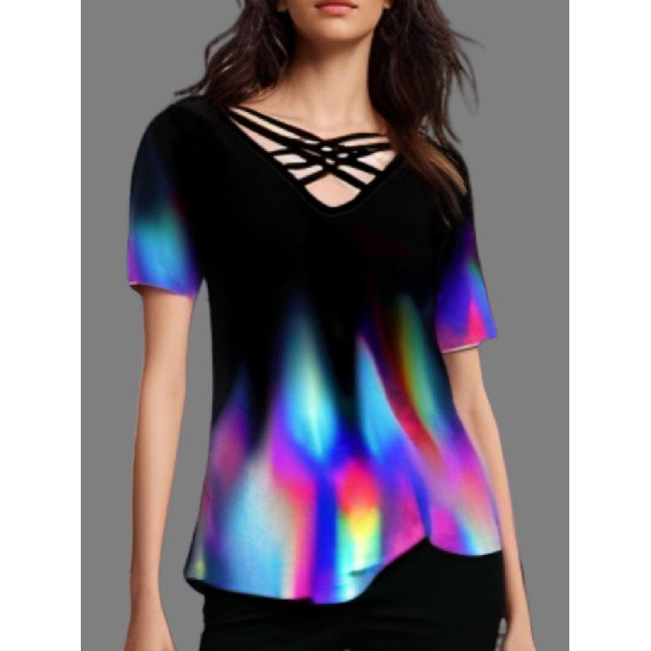 

Модные женские футболки с коротким рукавом, повседневные футболки с градиентным принтом, V-образным вырезом, летние топы, женская уличная свободная футболка 5XL XL фиолетовый
