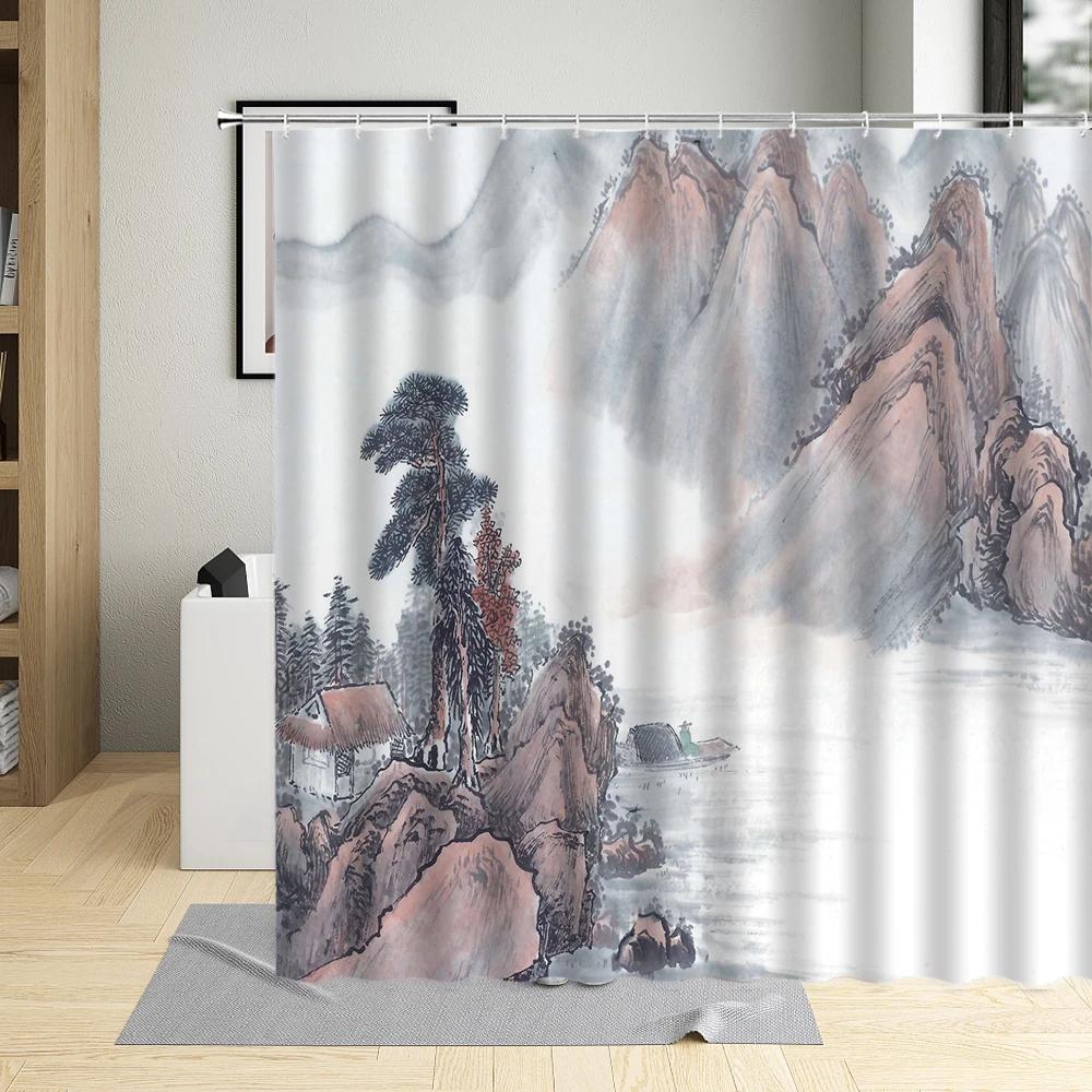 Chinese Style Shower Curtain Ink Painting Mountain Bird Flower Plant Bamboo Scenery Bathroom Hanging Curtain Set Polyester Cloth