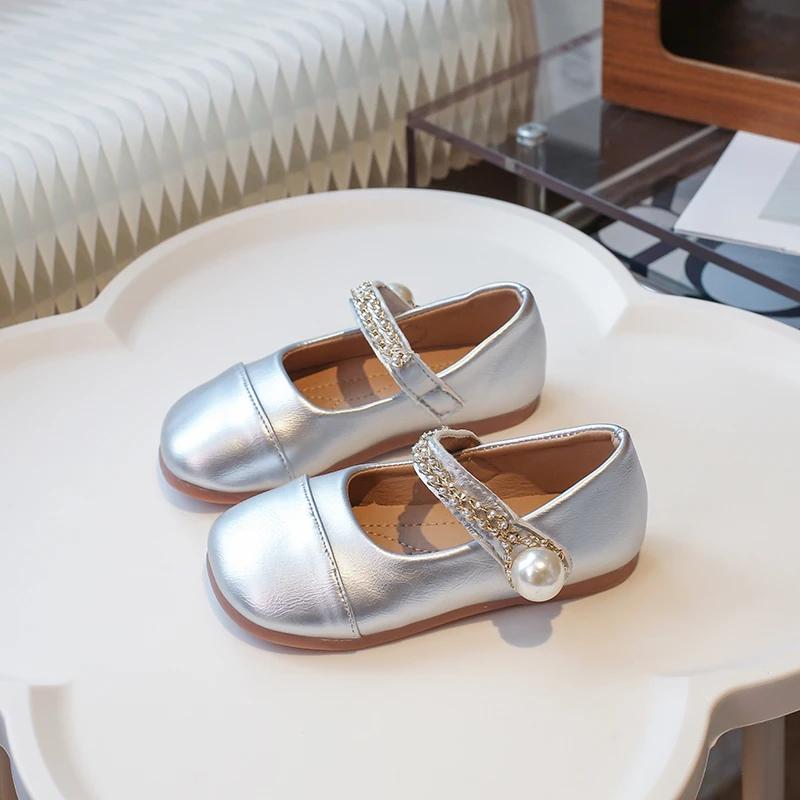 Little Girl Leather Shoes Classic Simple Kid Princess Ballet Shoes Silver Patchwork Children Fashion Causal Flat Shoes Versatile