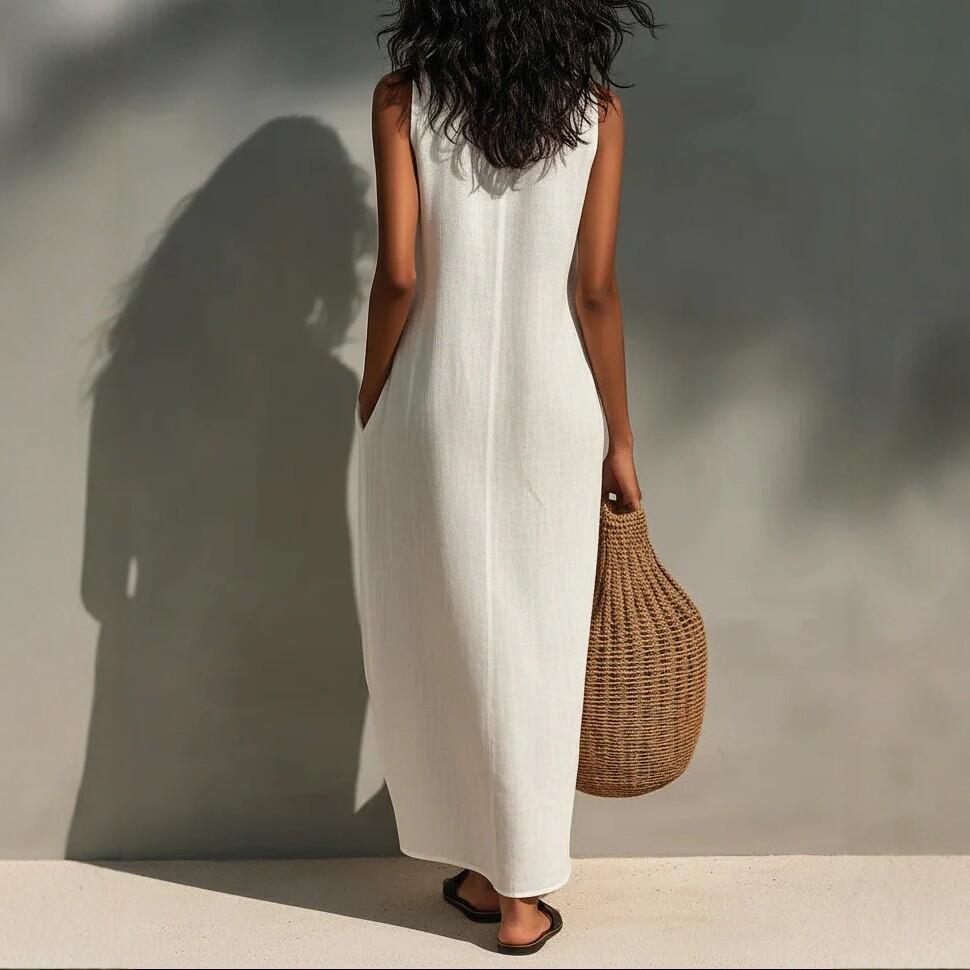 Robe Longue Sans Manches Col Montant Couleur Unie pour Femme Coupe Ample Taille Moyenne Robe Style Lin pour les Vacances