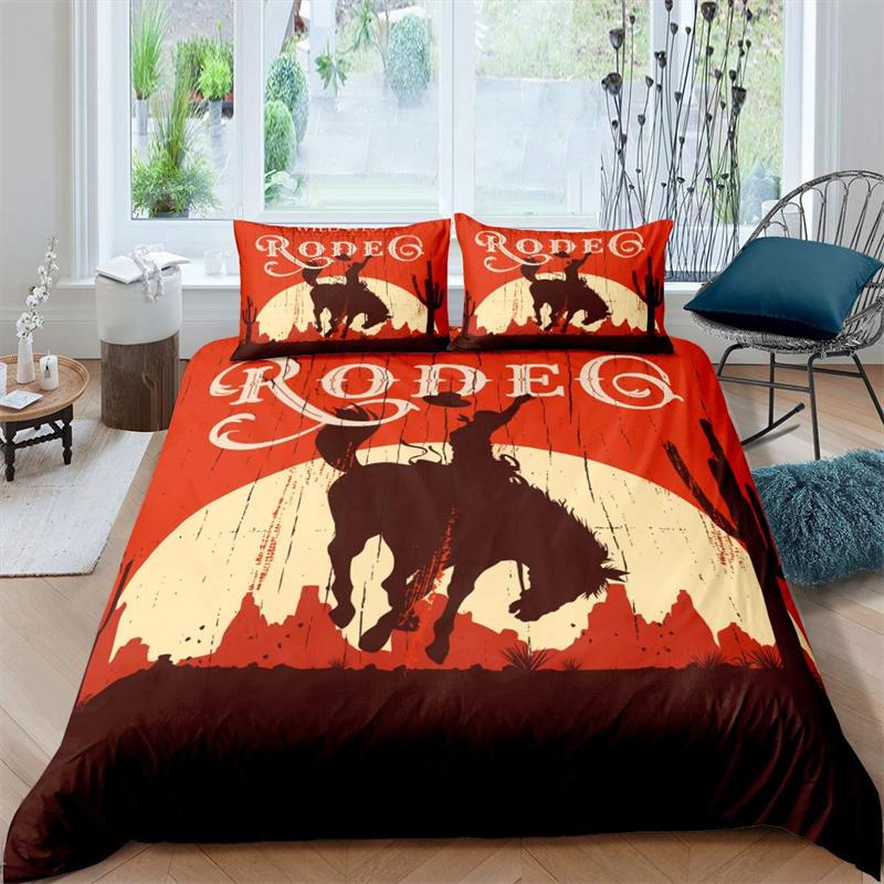 Western Cowboy Duvet Cover Rodeo Cowboy Riding Bull Horse Bedding Set Full For Boys Teen Microfiber Farmhouse Style Quilt Cover